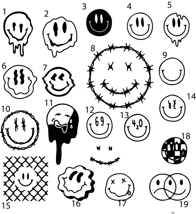 Pre-cut Ready To Use Smiley Face Tattoo Stencil Design set of 4 image 1