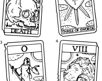 May include: Four black and white tarot cards. The Death card features a skull. The Three of Swords card shows three swords piercing a heart. The Fool card depicts a figure with a staff. The Strength card shows a lion and a woman.