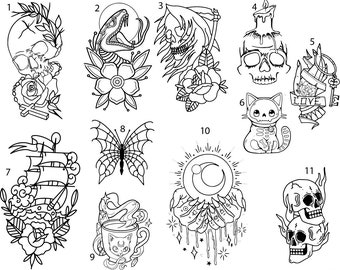 May include: A sheet of black and white line art tattoo flash designs. The designs include a skull with a rose, a snake with a flower, a grim reaper, a skull with a candle, a cat with a skeleton, a butterfly, a hand with a crescent moon, and a skull with flames.
