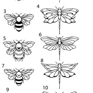 May include: Black and white line art illustrations of bees and dragonflies. The illustrations are numbered 1 through 10.