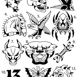 Pre-Made Ready To Use Skull Bird Butterfly Traditional Flash Tattoo Stencils set of 4