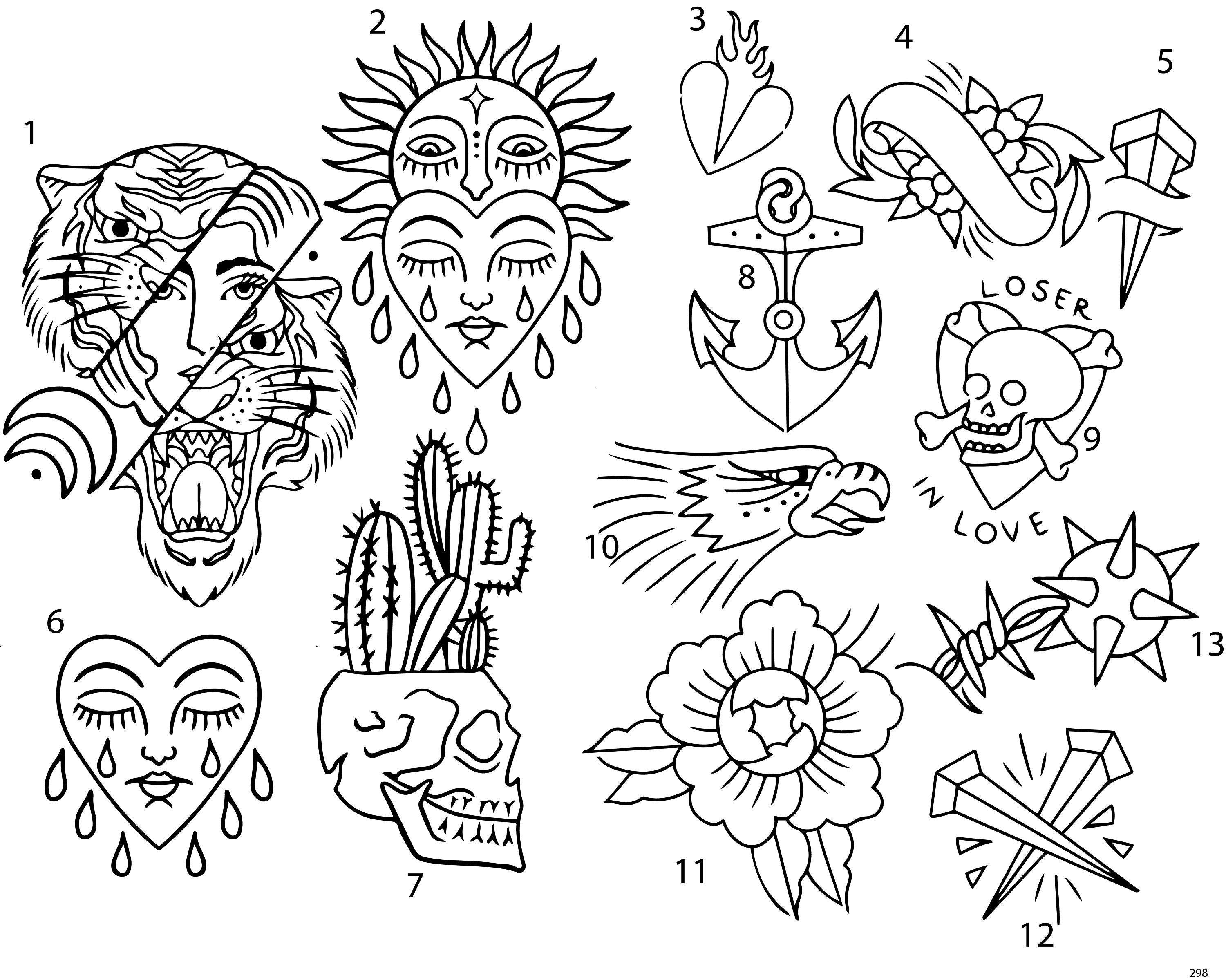 Hand Poke Tattoo Stencils: Flower, Heart, Sun, Eagle, Skull (Set 