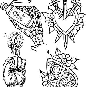 Pre-Made Ready To Use Hand Poke Dope Skull Butterfly Angel Flash Tattoo Stencils set of 4