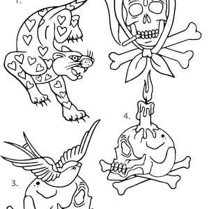 Pre-Made Ready To Use Hand Poke Flash Tattoo Stencils set of 4 Skull