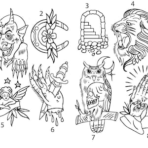 May include: Black and white line art illustrations of various tattoo designs. The designs include a demon, a horseshoe, a gateway, a lion, an angel, a hand with a dagger, an owl, and a praying hand.