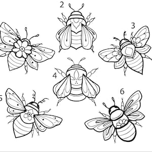 May include: Black and white line art illustration of six bees with different wing patterns and floral details. The bees are numbered 1 through 6.