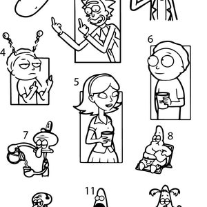 May include: A black and white coloring page featuring characters from the animated television series Rick and Morty. The characters include Rick, Morty, Summer, Jerry, and Mr. Meeseeks. The page is numbered 1 through 11.