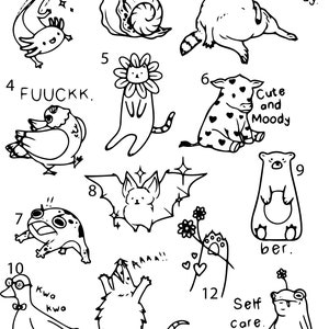 May include: Black and white line art illustrations of various animals and characters. The illustrations include a salamander, snail, raccoon, cat, cow, bat, frog, bird, mouse, and frog. Each illustration has a number and text associated with it.