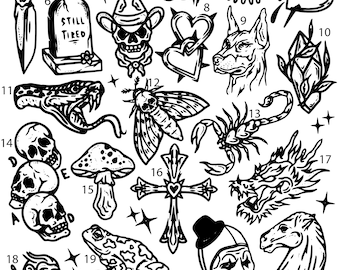 Pre-Made Ready To Use Hand Poke Flash Tattoo Stencils set of 4