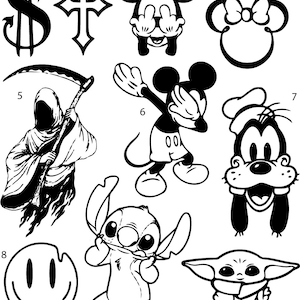 Pre-Made Ready To Use Spooky Scary Mickey Goofy Disney Cute Flash Tattoo Stencils set of 4