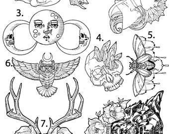 Pre-Made Ready To Use Owl Moon Sun Skull Butterfly Fine Line Flash Tattoo Stencils set of 4