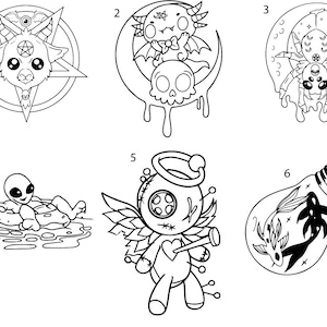 May include: Black and white line art illustrations of six different designs. The designs include a goat head inside a star, a bat-winged creature on a crescent moon, a spider on a crescent moon, an alien floating on a tube, a voodoo doll, and a lightbulb with fish.