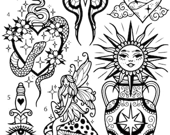 May include: A set of nine black and white tattoo flash designs. The designs include a butterfly, a heart with a snake, a sun with a face, a fairy sitting on a mushroom, a dagger with an eye, a bottle with a heart, a disco ball with a planet, and a vase with a star.