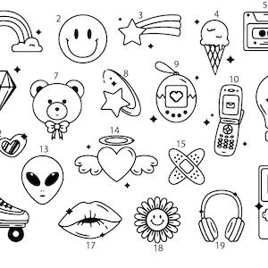 Pre-Made Ready To Use Hearts Flower Smile Face Diamond Girlie Cute Flash Tattoo Stencils set of 4