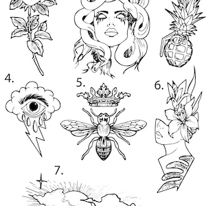 May include: Black and white line art illustrations of seven different designs. The designs include a rose, a woman with snakes for hair, a pineapple grenade, an eye in a cloud with a lightning bolt, a bee with a crown, a woman with a flower on her head, and a sun with clouds.
