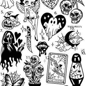 Pre-Made Ready To Use Spooky Halloween Witch Scary Flash Tattoo Stencils set of 4