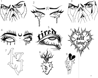 Eyes & Hearts Tattoo Stencils: Flash Tattoo Set of 4