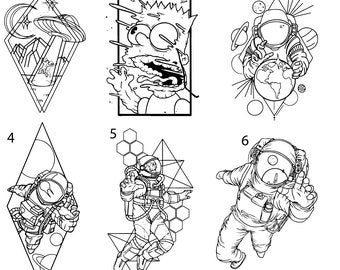 Pre-Made Ready To Use Outer Space Astronaut Psychedelic Flash Tattoo Stencils set of 4