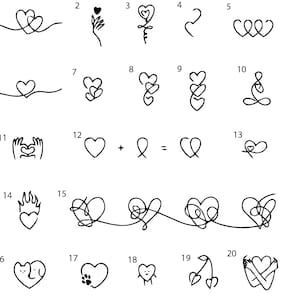 May include: A collection of 20 black and white line art heart designs. The designs include hearts with hands, intertwined hearts, and hearts with flames. The image is a compilation of various heart-themed illustrations.