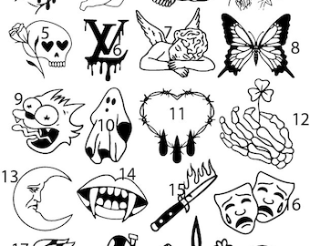 Pre-Made Ready To Use Hand Poke Dope Skull Butterfly Angel Flash Tattoo Stencils set of 4