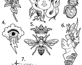 Pre-Made Ready To Use Rose Medusa Pineapple Queen Bee  Flash Tattoo Stencils set of 4