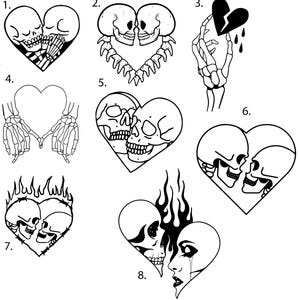 May include: Eight black and white illustrations of skeletons in various poses, including holding hands, kissing, and broken hearts. The illustrations are in the shape of hearts.