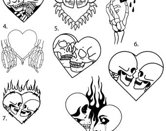 May include: Eight black and white illustrations of skeletons in various poses, including holding hands, kissing, and broken hearts. The illustrations are in the shape of hearts.