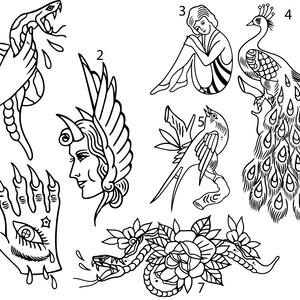 Pre-Made Ready To Use Spooky Halloween Witch Scary Flash Tattoo Stencils set of 4