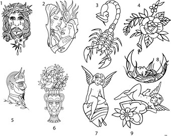 Pre-Made Ready To Use Angels Scorpion Devil Hand Poke Flower Tattoo Stencils set of 4