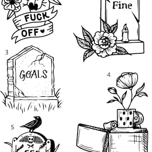 Pre-Made Ready To Use Coffin Headstone Spooky Grave Girly Flash Tattoo Stencils set of 4