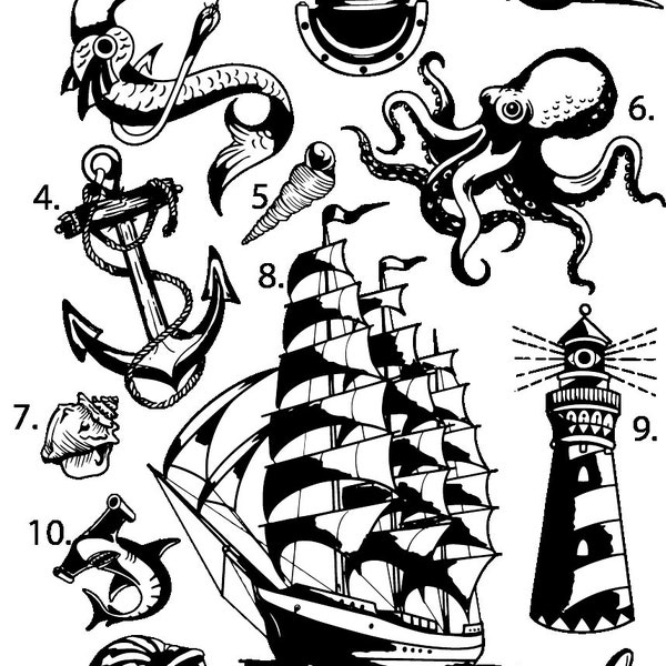 Pre-Made Ready To Use Lighthouse Mermaid Boat Bird Sea Flash Tattoo Stencils set of 4