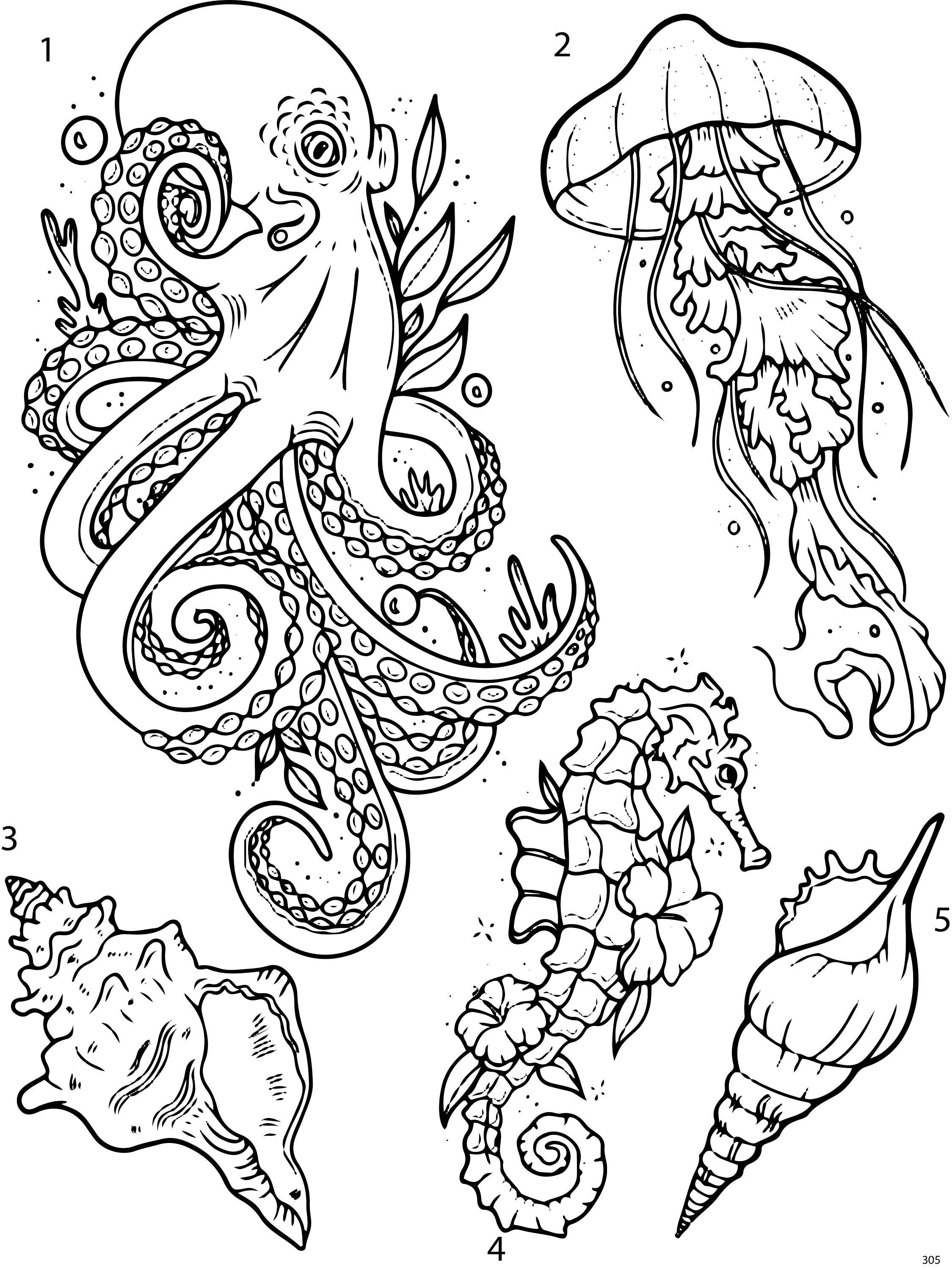 Under the Sea Tattoo Stencils: Jellyfish, Seahorse, Octopus (set of 4) -  Etsy, image size:2249x3000