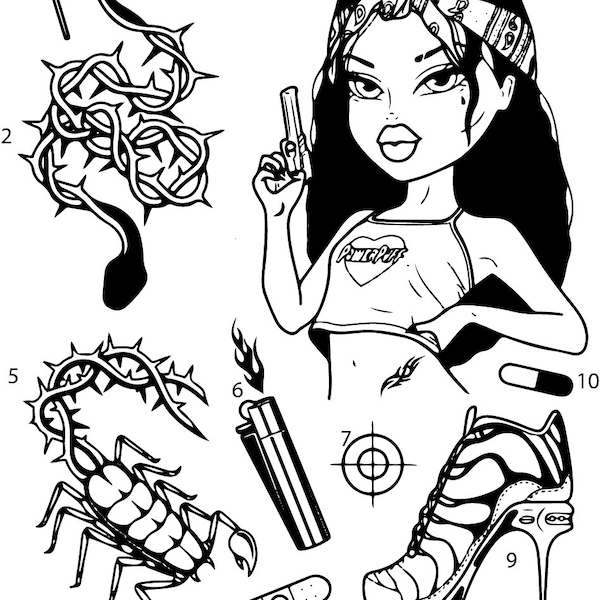 Pre-Made Ready To Use Dope Thorn Lighter Heels Roses Flash Tattoo Stencils set of 4