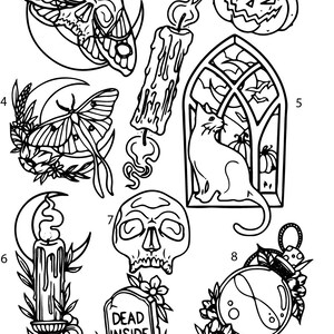 Pre-Made Ready To Use Spooky Halloween Witch Scary Flash Tattoo Stencils set of 4