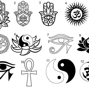 May include: Black and white illustrations of various spiritual symbols, including the Hamsa hand, the Eye of Horus, the Om symbol, the Yin Yang symbol, and the Ankh.