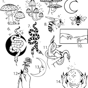 May include: Black and white line art illustrations of various mystical and nature-inspired designs, including mushrooms, snakes, bees, a crescent moon, a hand reaching out, and a rose.