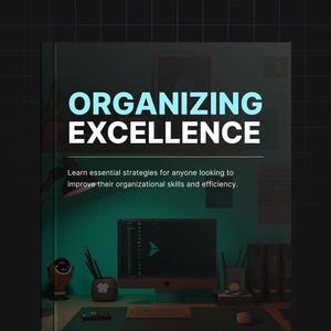 Puede incluir: Una cubierta de libro azul verdoso con el título "ORGANIZING EXCELLENCE" en texto blanco. El subtítulo dice "Aprenda estrategias esenciales para cualquier persona que busque mejorar sus habilidades de organización y eficiencia."