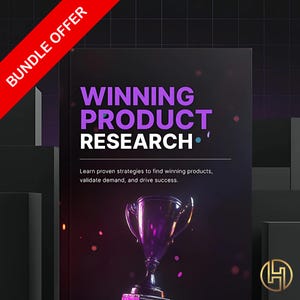 Op de afbeelding: Een paarse trofee met een gouden basis tegen een zwarte achtergrond met de tekst "WINNING PRODUCT RESEARCH" en de tagline "Learn proven strategies to find winning products, validate demand, and drive success."