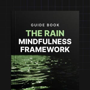 Puede incluir: Un libro de guía titulado "The RAIN Mindfulness Framework" con un fondo de ondas de agua verde y negro.