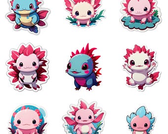 Axolotl Stickers PNG, Cute Kawaii Axolotl, Kawaii Cuteness Stickers 9 Pack