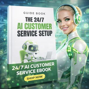 May include: A woman wearing a futuristic headset holds a guide book titled "THE 24/7 AI CUSTOMER SERVICE SETUP". The book cover shows a robot with a headset and laptop. The ebook is advertised as "24/7 AI CUSTOMER SERVICE EBOOK".
