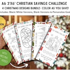 Könnte beinhalten: Ein Satz von vier druckbaren Weihnachts-Spar-Challenge-Karten. Jede Karte zeigt eine andere weihnachtliche Illustration, darunter eine Krippe, einen Weihnachtsbaum und einen Stern. Die Karten sollen Menschen helfen, Geld für Weihnachten zu sparen. Die Karten sind in Schwarzweiß und Farbe erhältlich.