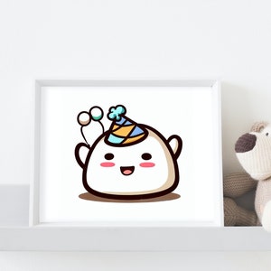 Festa de aniversário Mochi: personagem adorável com chapéu de festa – perfeito para impressões, cartões e muito mais!
