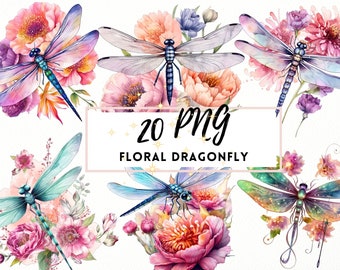 Colorful Dragonfly Floral Clipart, Watercolor Dragonfly PNG, Decorative Collection, Card Making, Commercial Use, Insect PNG, Dragonfly Image