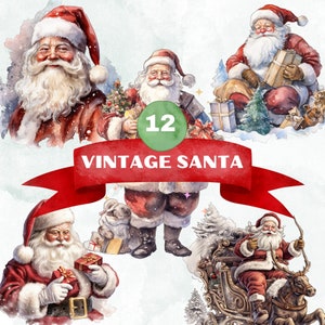 Clipart numérique père Noël, lot de cliparts couleur aquarelle père Noël, Noël père Noël Png, usage Commercial Clipart père Noël, vintage père Noël PNG DOWNLOAD