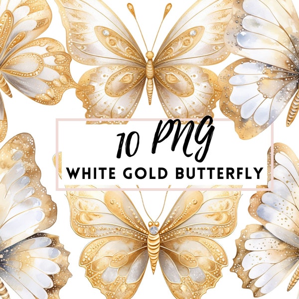 White Butterfly, White Gold Butterfly Clipart SET, Transparent PNG Clipart, Butterfly Clipart, Graphic White Butterfly Bundle