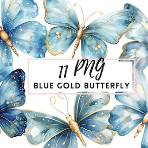 Blauer Schmetterling, Blaugold-Schmetterlinge Clipart-SET, Transparente PNG Clipart, Aquarell Schmetterling Clipart, Grafik Blauer Schmetterling-Bundle