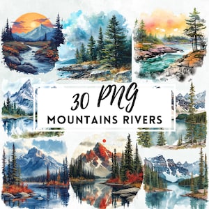 Scena di fiume di montagna, Clipart di paesaggio lacustre ad acquerello, PNG trasparente, Download digitale per uso commerciale, PNG per scrapbooking