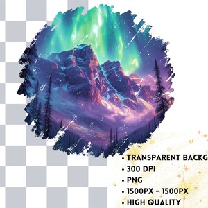 May include: A digital painting of a mountain range with a vibrant green and blue aurora borealis in the sky. The mountains are covered in snow and the sky is a deep purple.