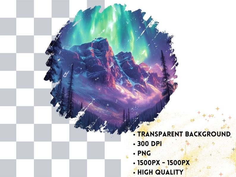May include: A digital painting of a mountain range with a vibrant green and blue aurora borealis in the sky. The mountains are covered in snow and the sky is a deep purple.
